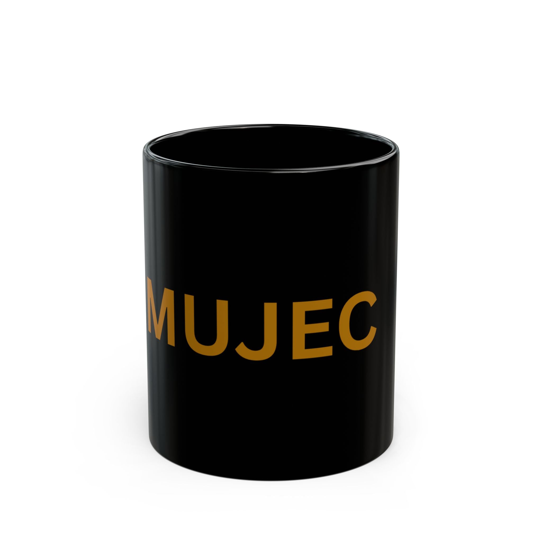 Black Ceramic Mug — Bold Gold "MUJEC" Logo (11oz, 15oz)