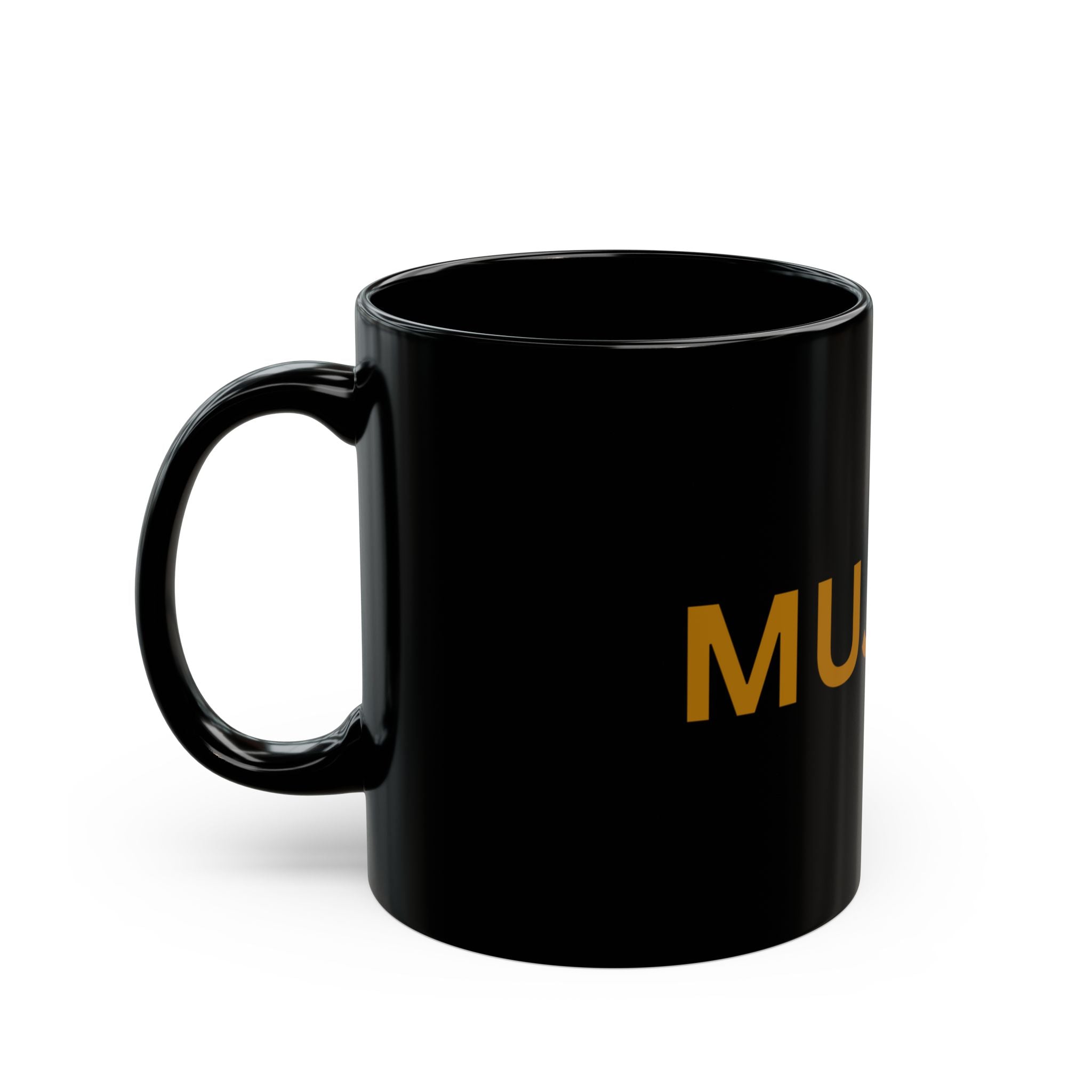 Black Ceramic Mug — Bold Gold "MUJEC" Logo (11oz, 15oz)