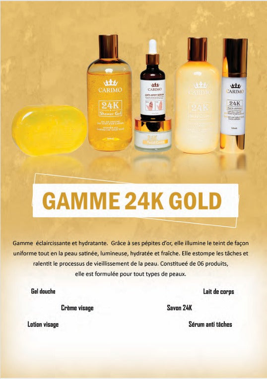 Carimo 24K Gold skincare and hair care product line on a gold background