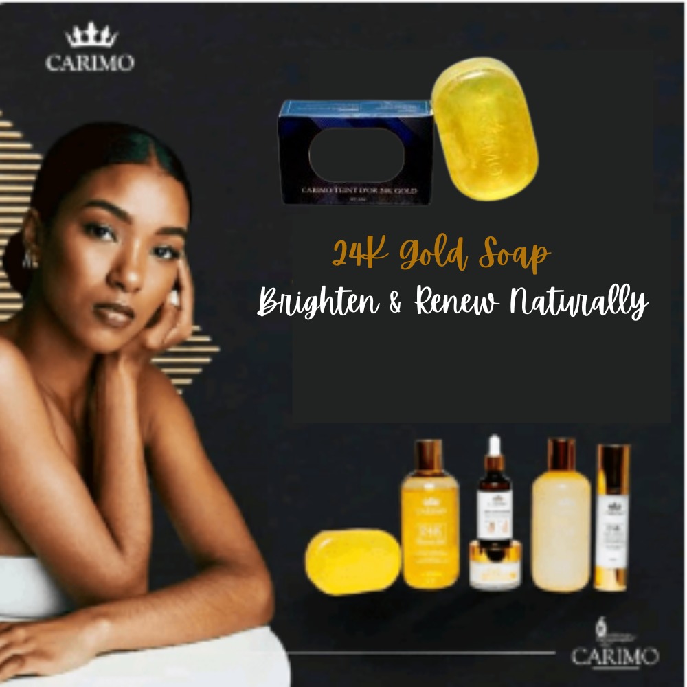Carimo 24K Gold Soap advertisement with a woman and 24K gold skincare set products on a dark background