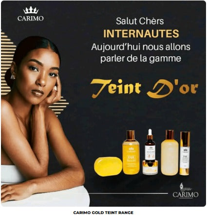 Advertisement for 24 K Carimo's 'Teint D'or' skincare range featuring a woman and skincare products.