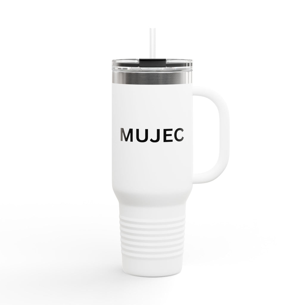 40oz Insulated Travel Mug — White Stainless Tumbler with Gold MUJEC Logo