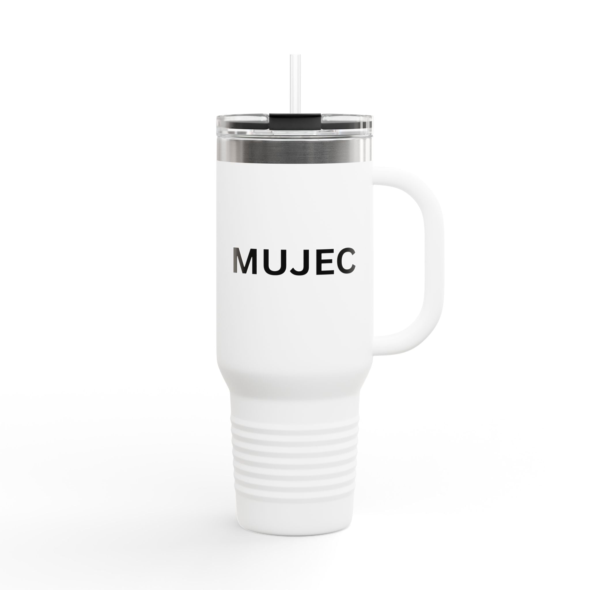 40oz Insulated Travel Mug — White Stainless Tumbler with Gold MUJEC Logo