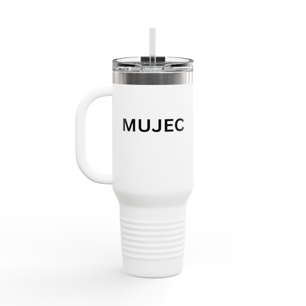 40oz Insulated Travel Mug — White Stainless Tumbler with Gold MUJEC Logo