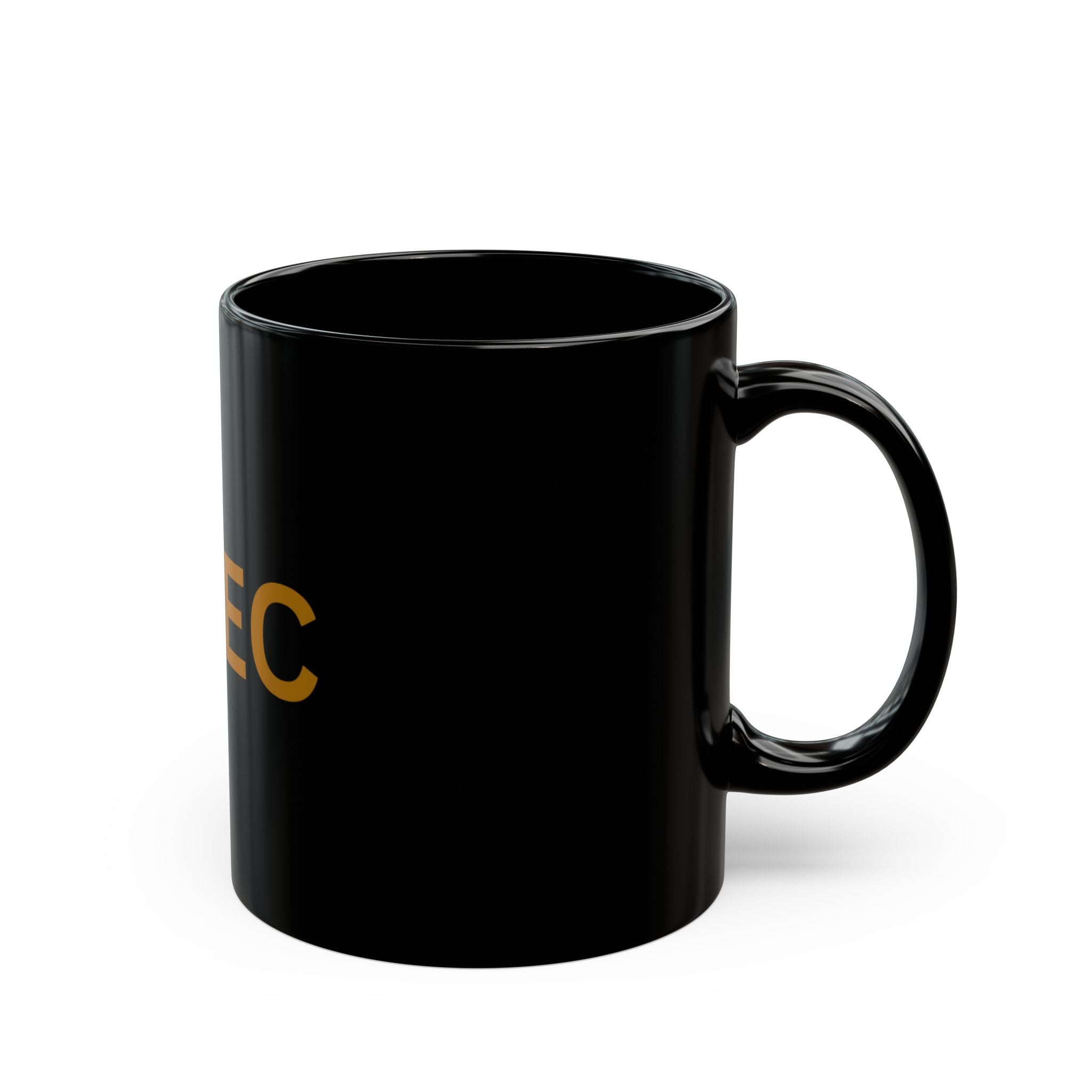 Black Ceramic Mug — Bold Gold "MUJEC" Logo (11oz, 15oz)
