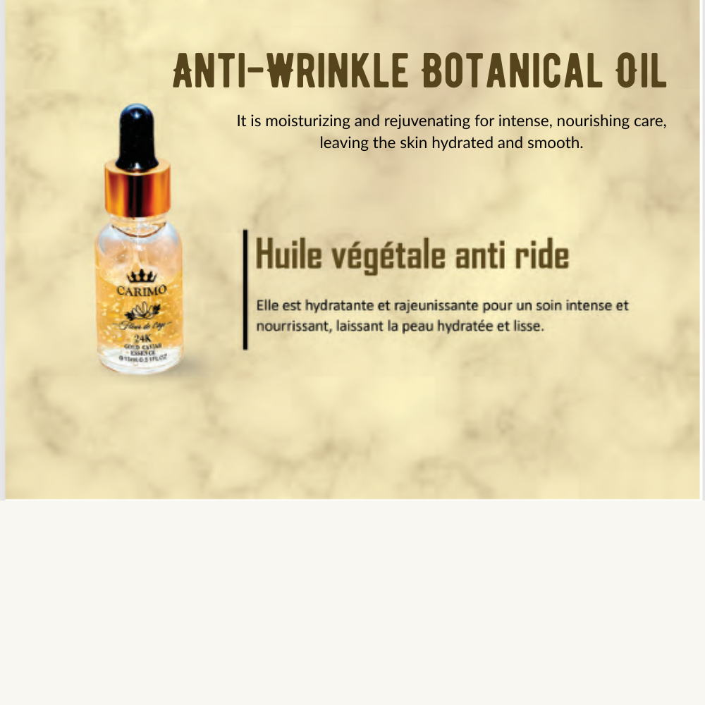 Anti-wrinkle botanical oil dropper Fleur de l'age bottle on a beige background with text.