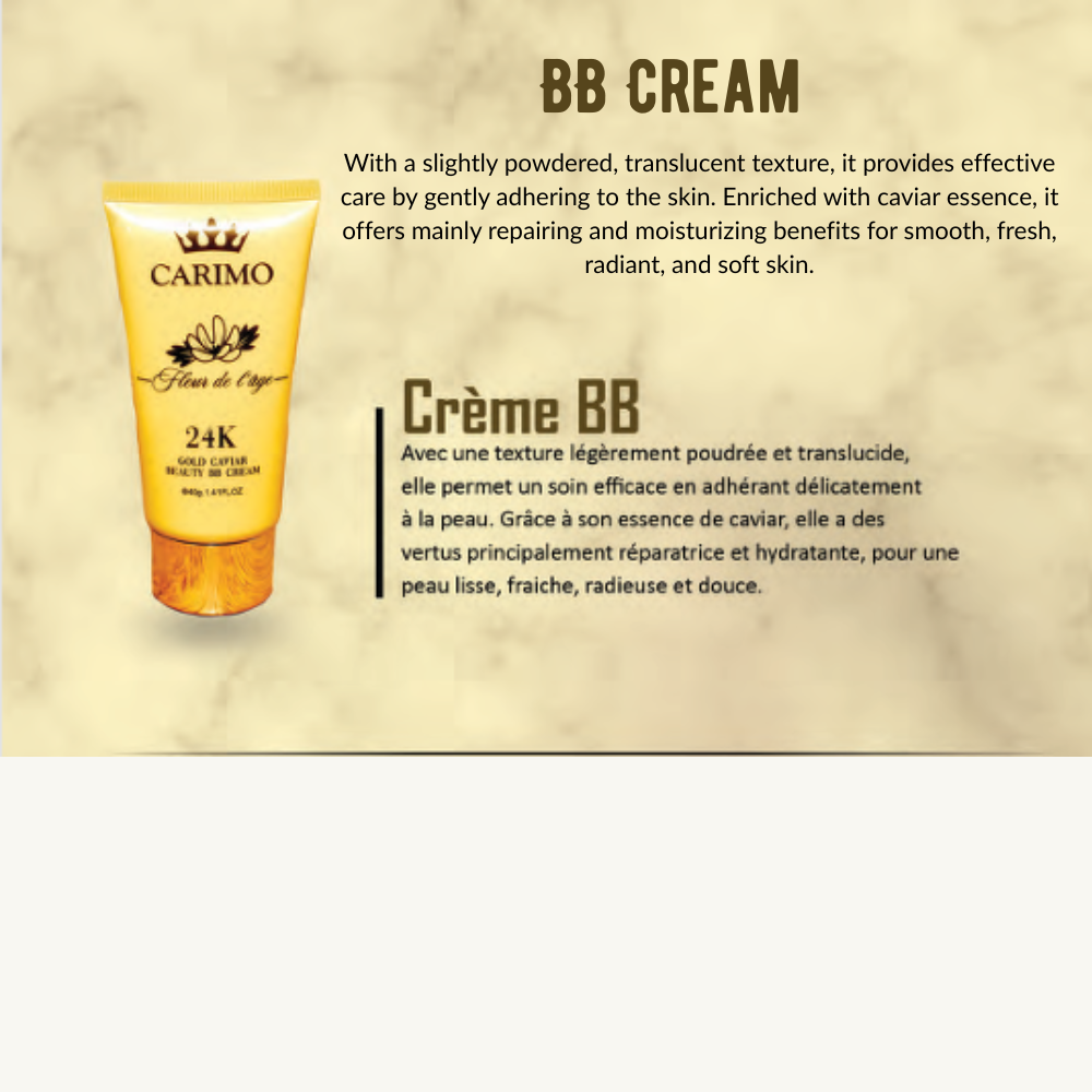 Carimo BB Cream tube Fleur de l' age with product description on a beige background