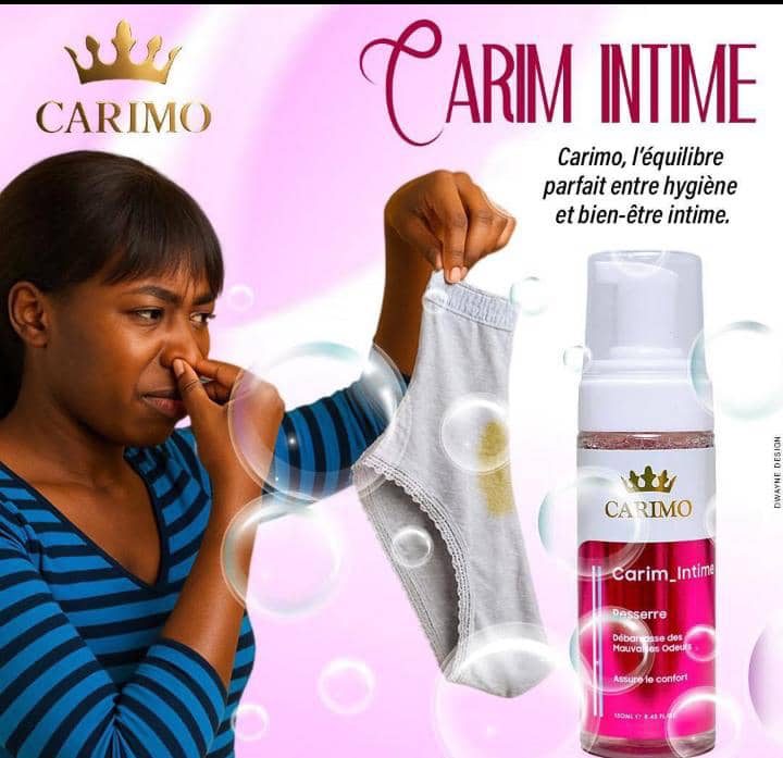 Advertisement for Carimo intimate hygiene product with a woman holding a bottle and showing underwear.