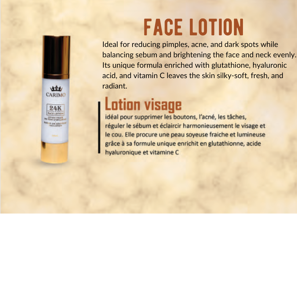 Carmel face lotion bottle of 24K gold with product description on a beige background