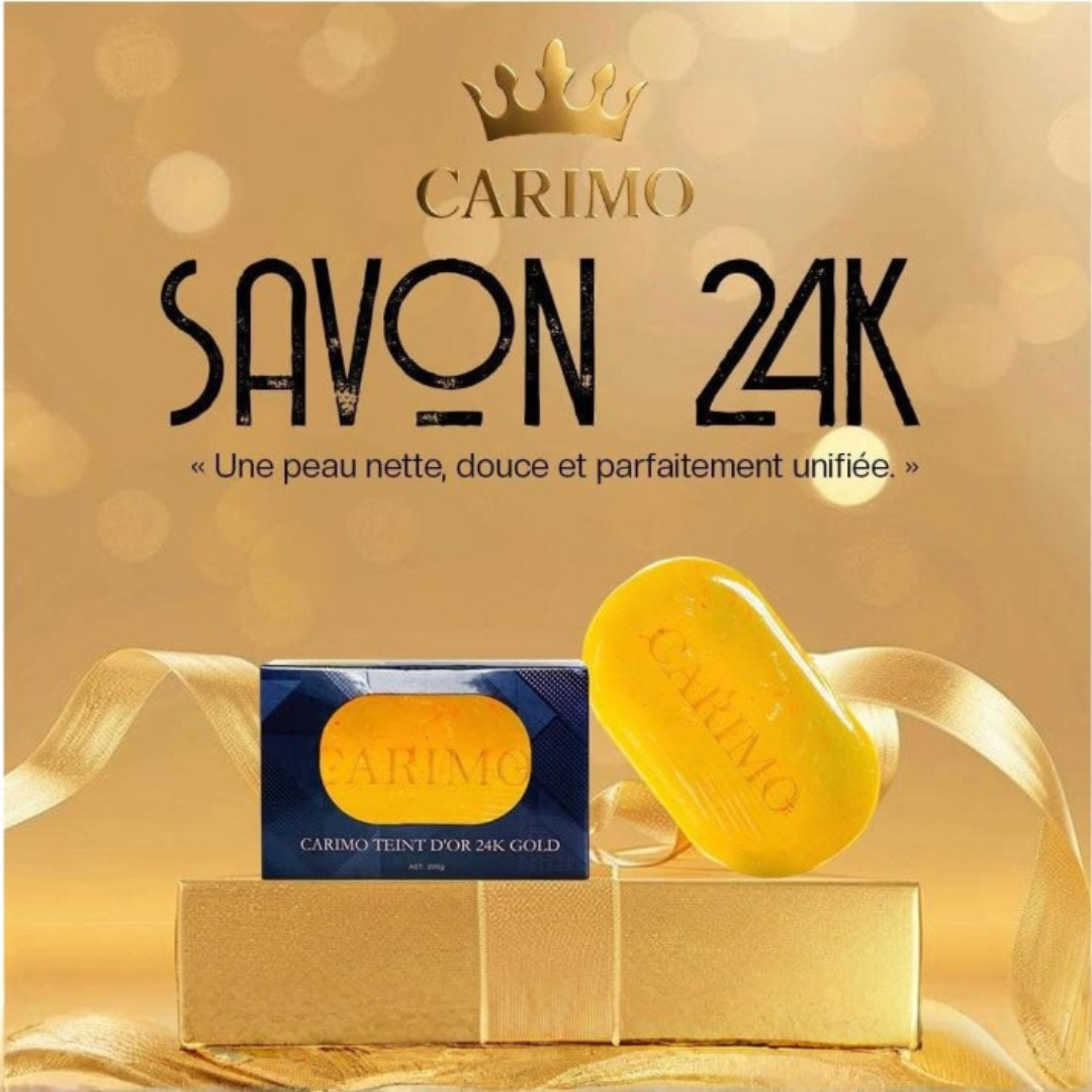 Carimo Savon 24K soap with packaging on a gold background