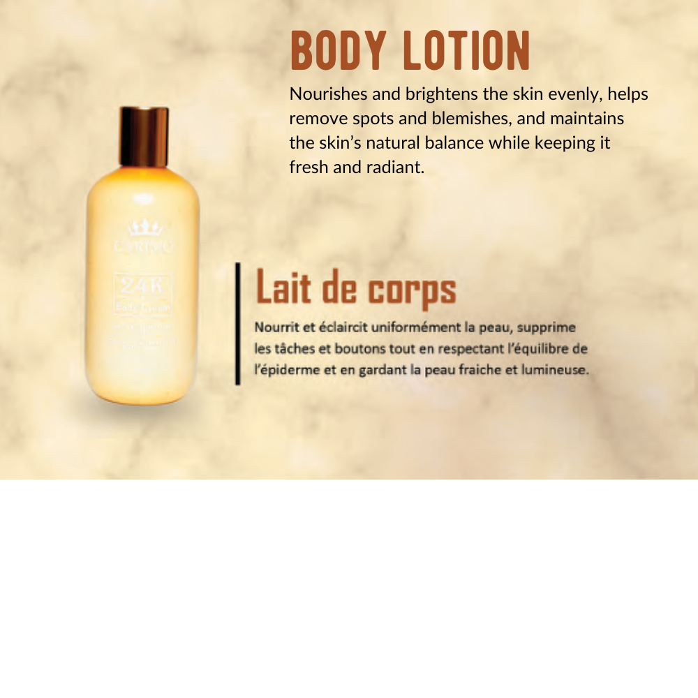 Carimo 24K gold Body lotion bottle with text on a beige background