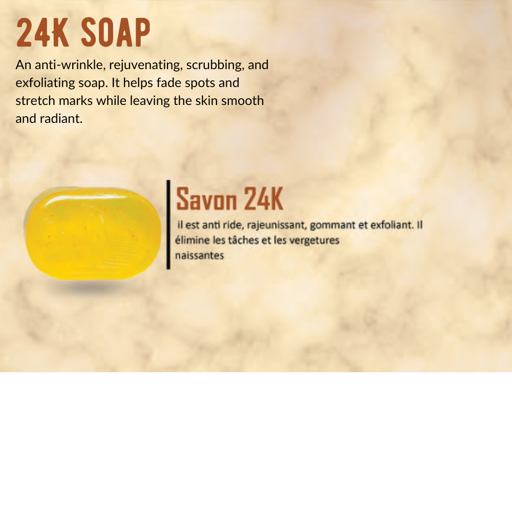 Carimo 24K gold Soap with a yellow bar of soap on a beige background.