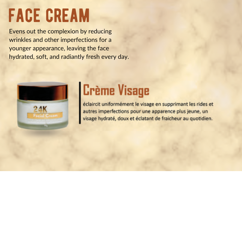 Carimo 24K gold Face Cream jar with text about its benefits on a beige background