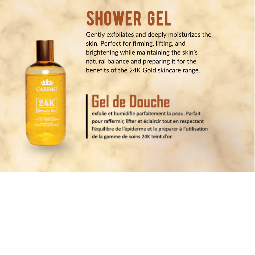 Carimo Shower gel bottle with text about skin benefits on a beige background