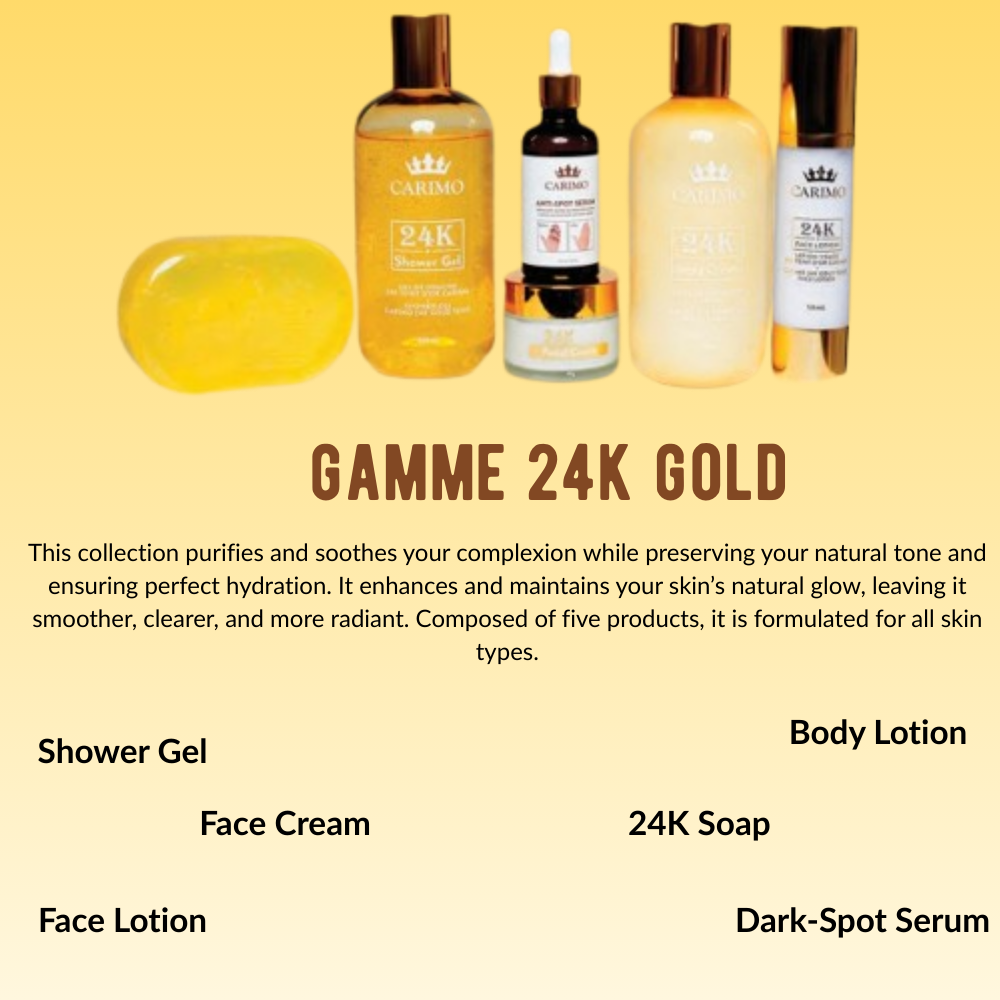 Carinio 24K Gold skincare product collection set on a yellow background