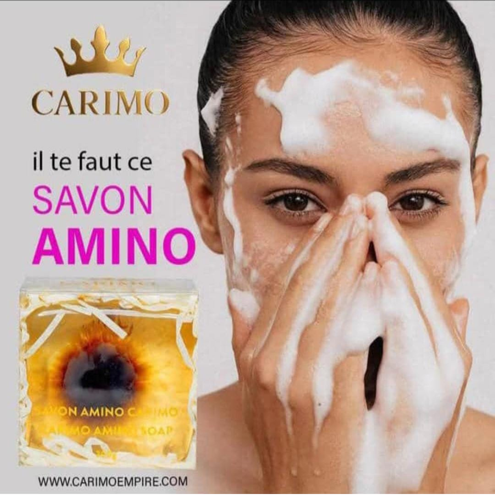 Woman applying soap to her face with CARIMO soap and text in the background