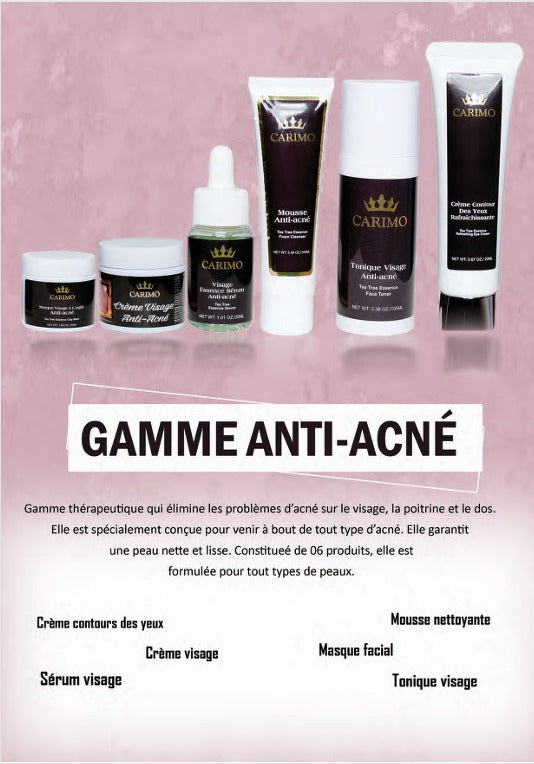Anti Acne Collection of Carimo skincare products on a pink background with product names displayed.