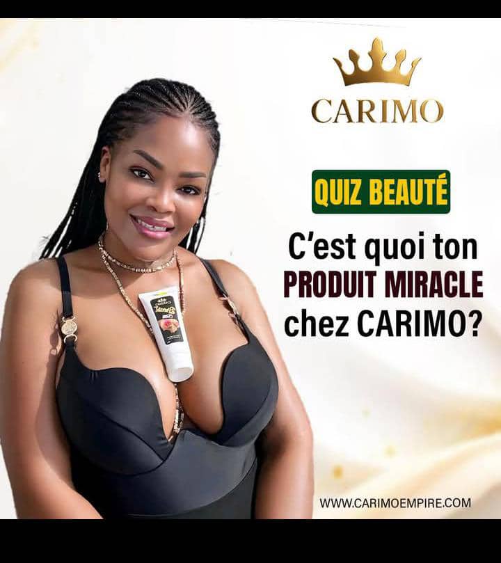 Advertisement featuring a woman holding a product with Carimo branding and a quiz question about a 'miracle product'.