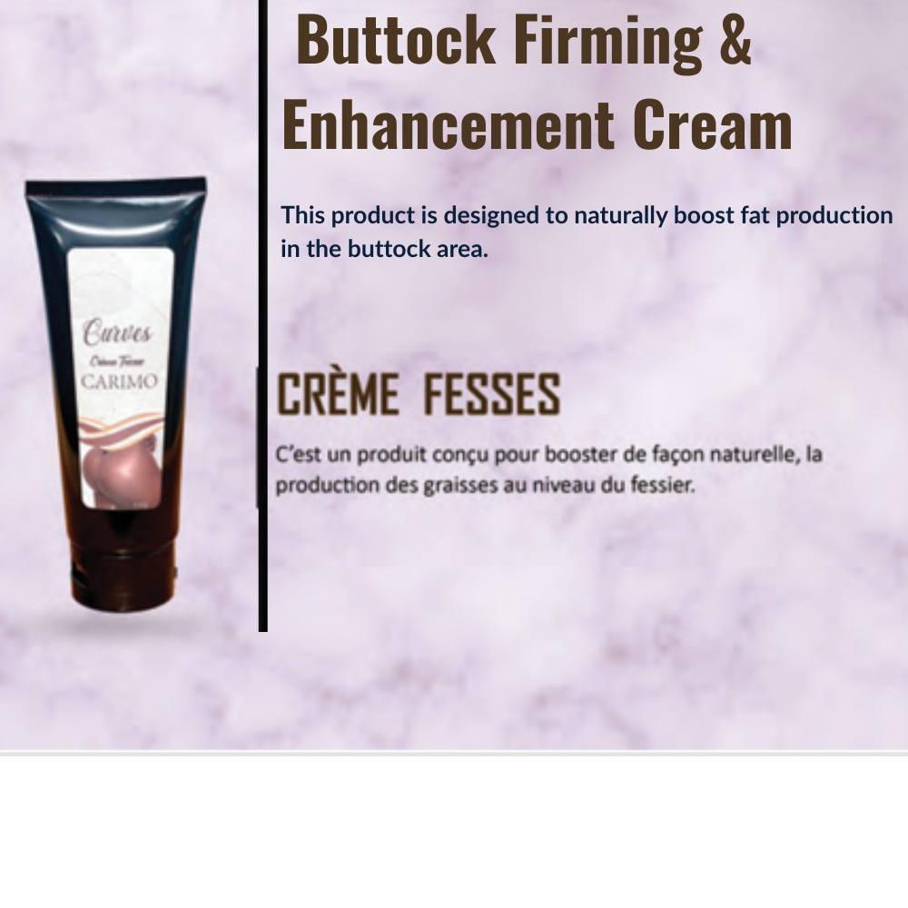 Carimo Buttock Firming and Enhancement Cream product image with English and French descriptions on a soft lavender background.