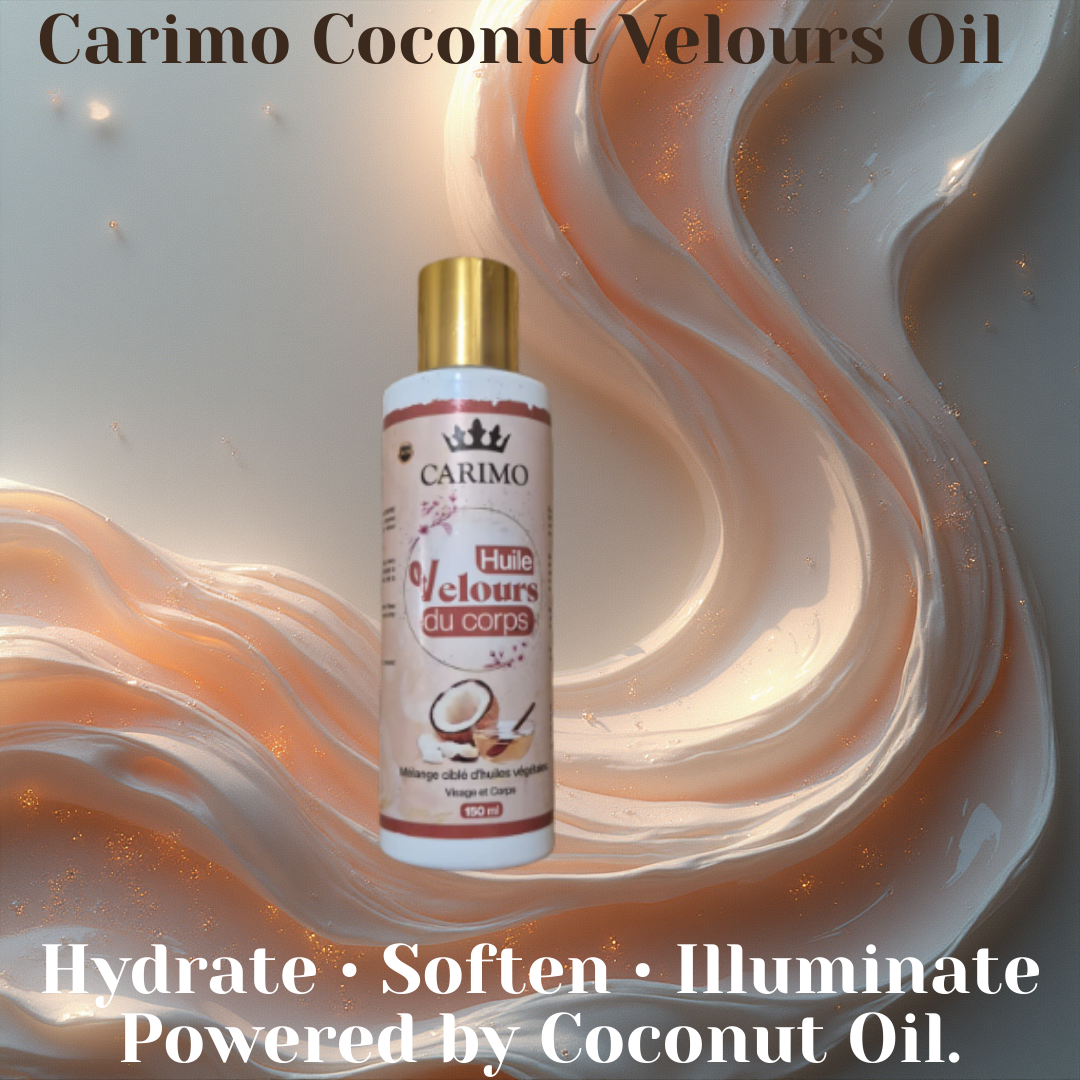 Carimo Coconut Velours body oil displayed on a silky background, highlighting its deep coconut hydration and velvety, glowing skin benefits.