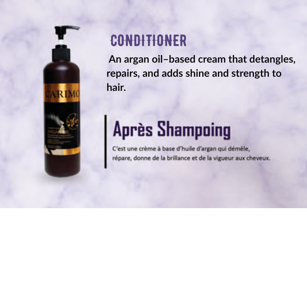 Carimo  conditioner bottle of hair growth collection set with product description on a purple background