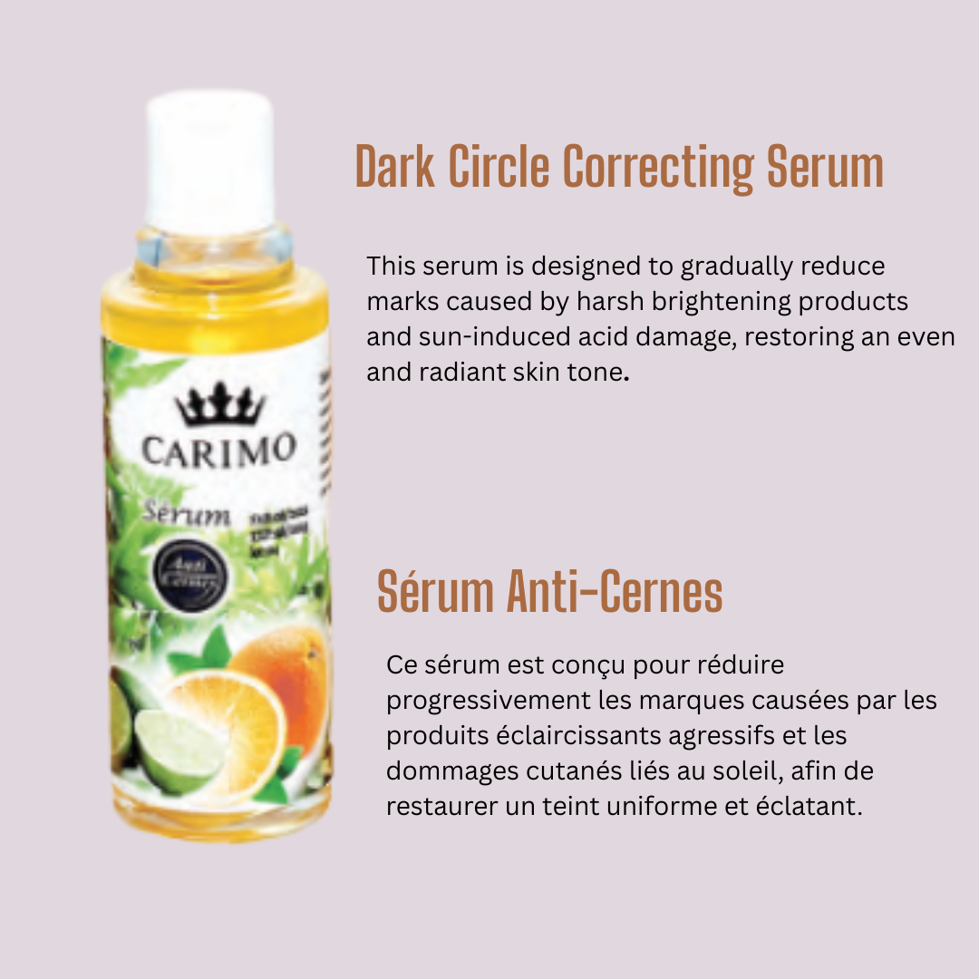 Carimo Dark Circle Correcting Serum bottle with bilingual English and French product description on a light lavender background.