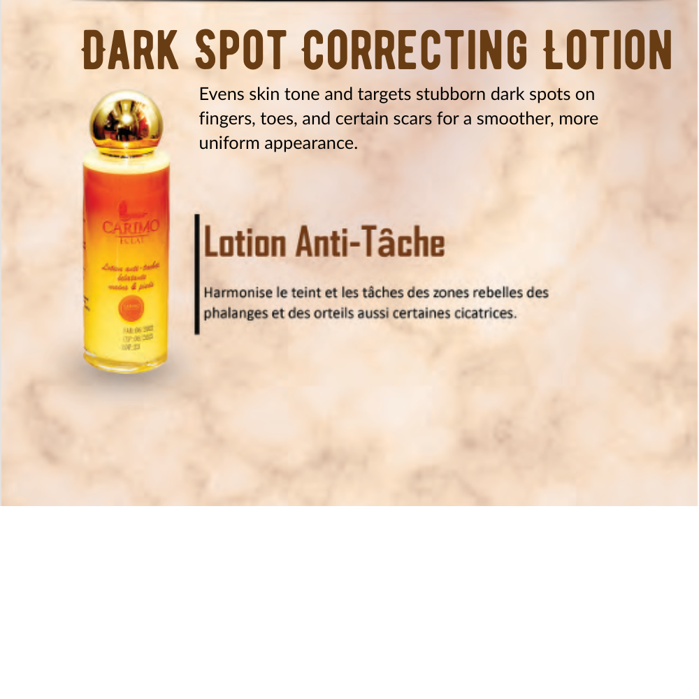 Carimo dark spot correcting lotion of Eclat skin care collection set with product image and text on a beige background