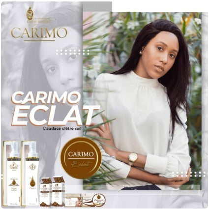 Carimo Eclat skincare product packaging with a woman holding plants.