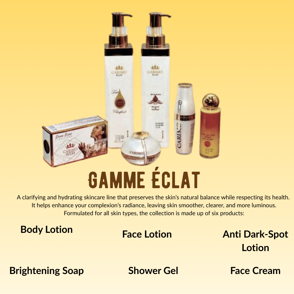 Carimo GAMME ÉCLAT skincare products on a yellow background with product names and descriptions.
