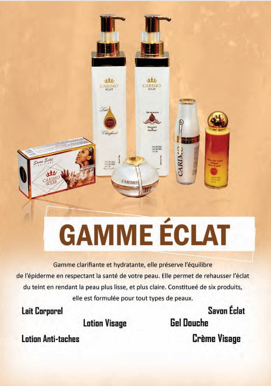 Cosmetic product line 'Gamme Eclat Carimo' with various bottles and packaging on a beige background.