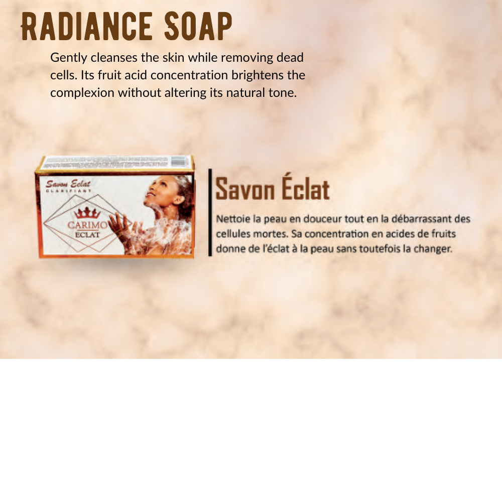 Radiance soap packaging with text on a beige background