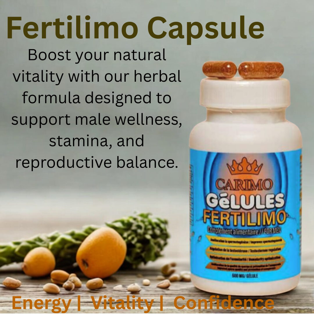 Carimo Fertilimo Capsule bottle with natural ingredients promoting male vitality, stamina, and reproductive balance on a soft neutral background.