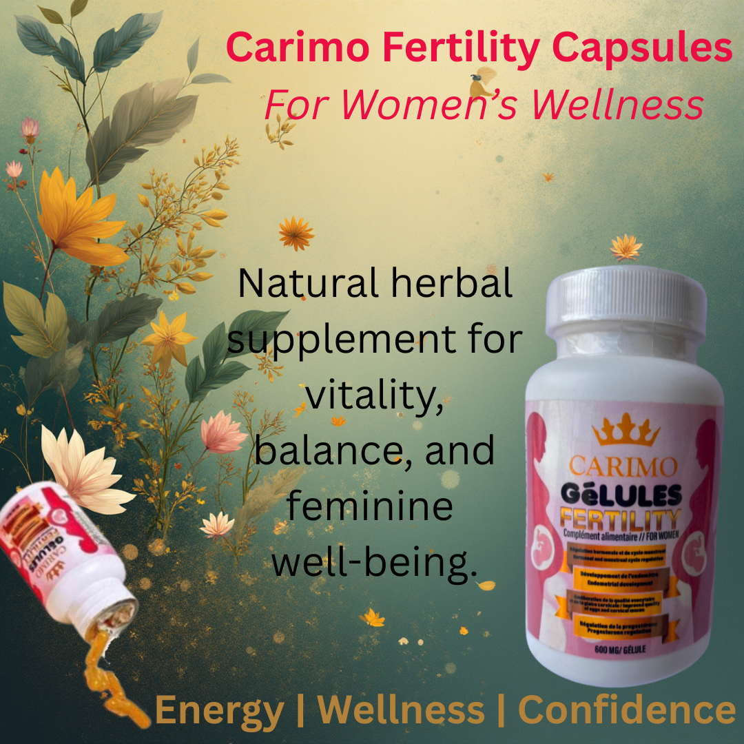 Carimo Fertility Capsules – Natural herbal supplement for vitality, balance, and women’s wellness. Elegant floral background with product bottles.
