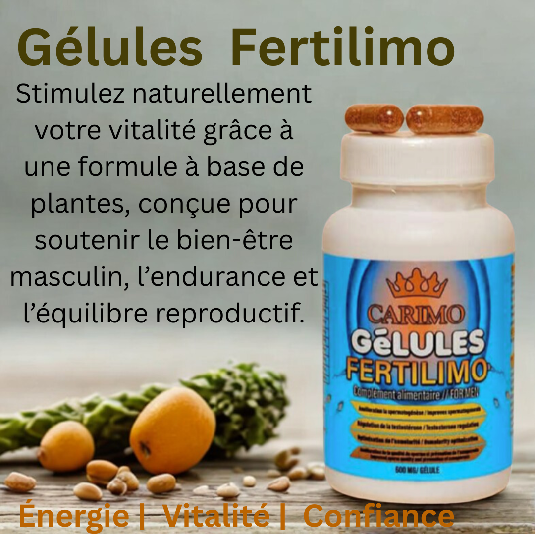 Flacon de gélules Carimo Fertilimo entouré d’ingrédients naturels, illustrant la vitalité masculine, l’énergie et l’équilibre reproductif.