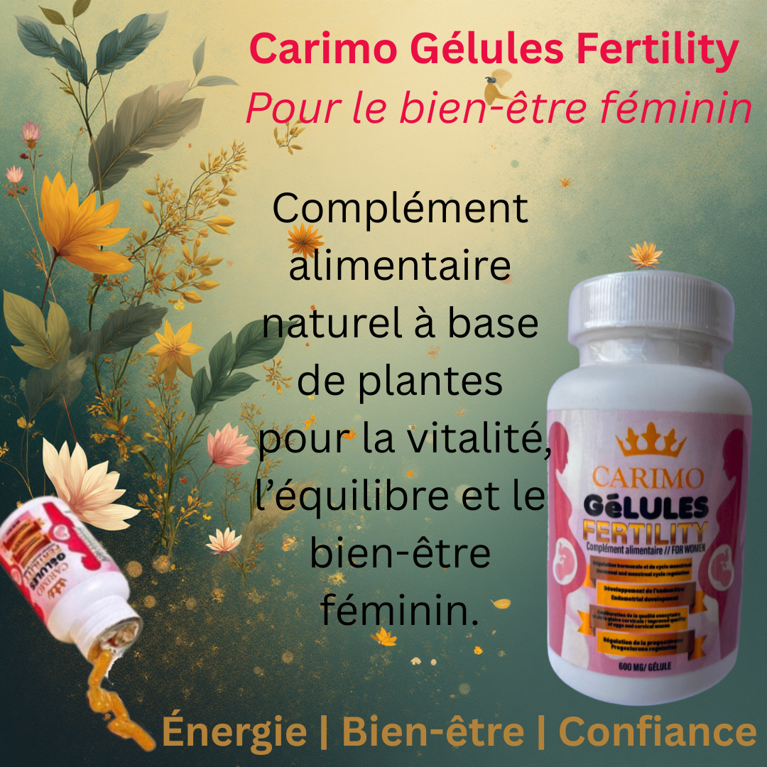 Gélules Carimo Fertility – Complément naturel à base de plantes pour la vitalité, l’équilibre et le bien-être féminin. Fond floral élégant avec les produits.