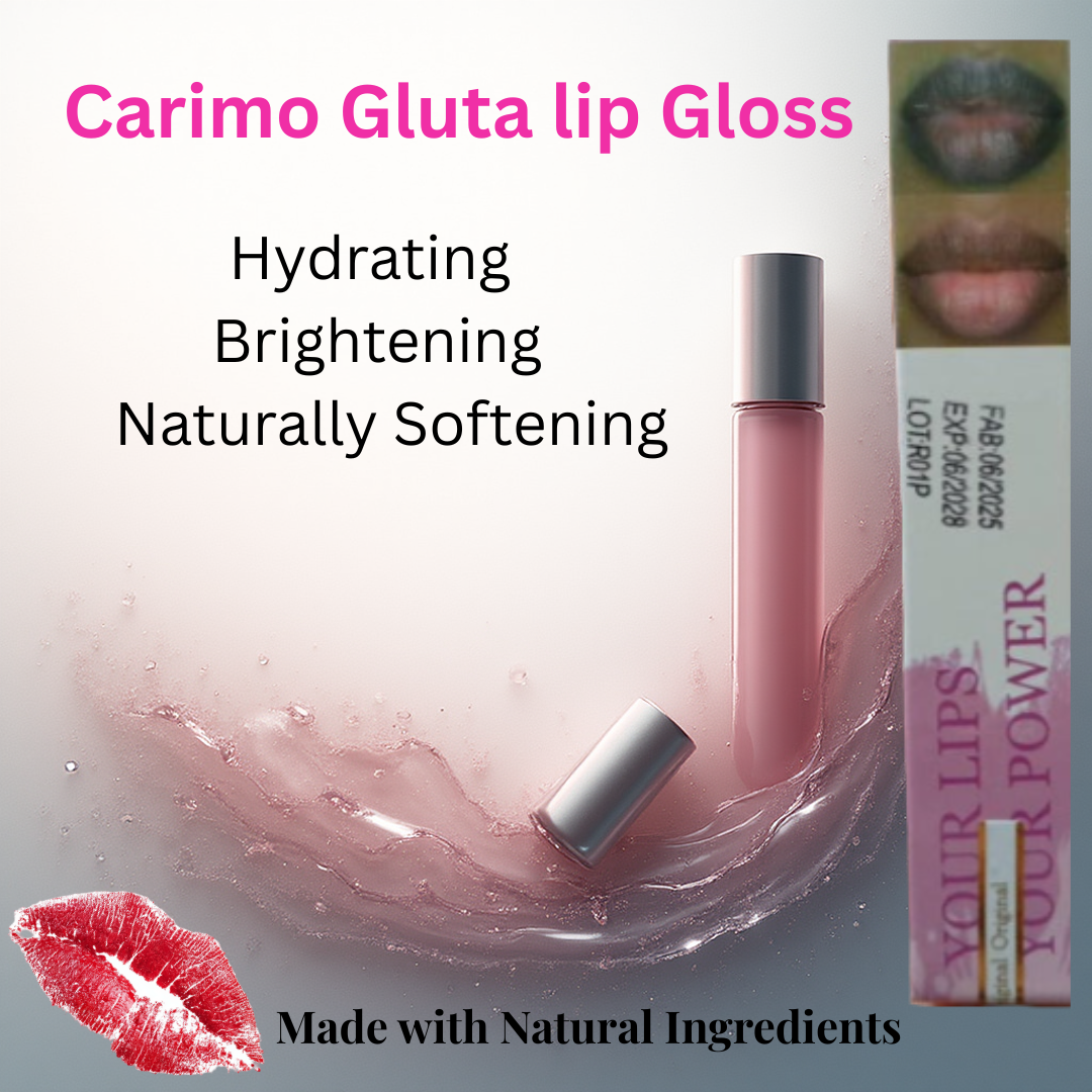Carimo Gluta Lip Gloss bottle on pink background with text highlighting hydration, brightening, and natural softness.