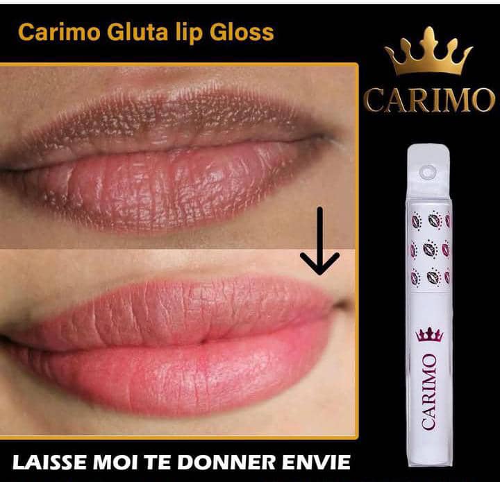 Carimo Gluta lip gloss with before and after effect on lips and brand logo.