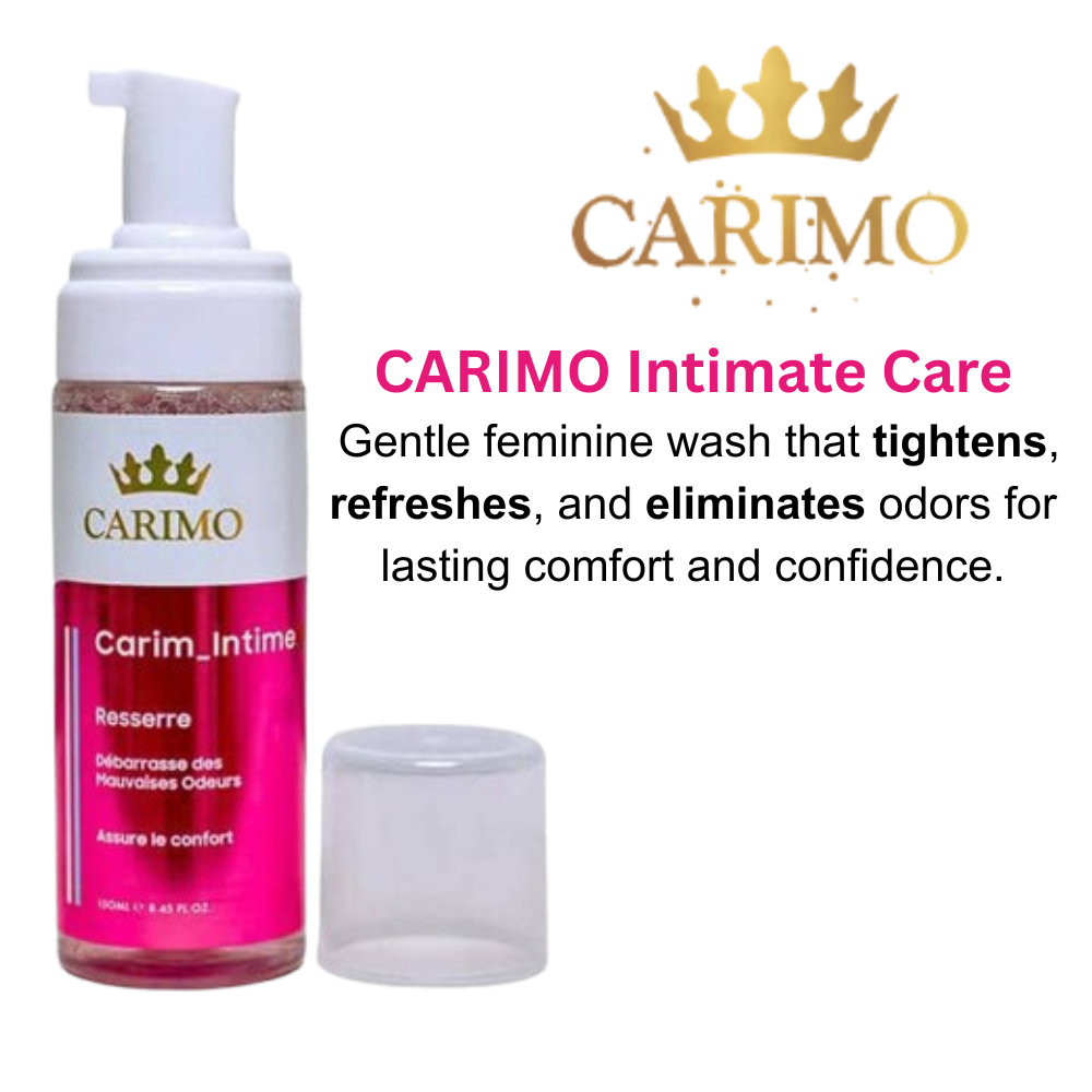 Carimo intimate care product with pump and cap on a white background