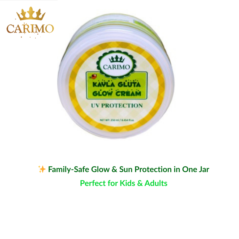 Jar of Carimo Kavla Guta Glow Cream with branding and product description on a white background