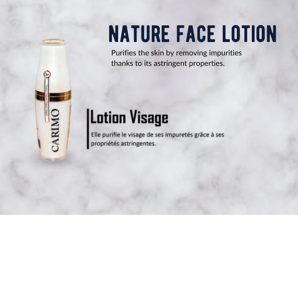 Carimo nature face lotion bottle on a marble background with product description text.