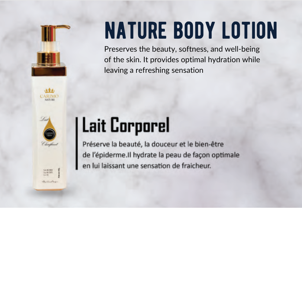 Lait Corporel body lotion bottle with text about skin care benefits on a light gray background