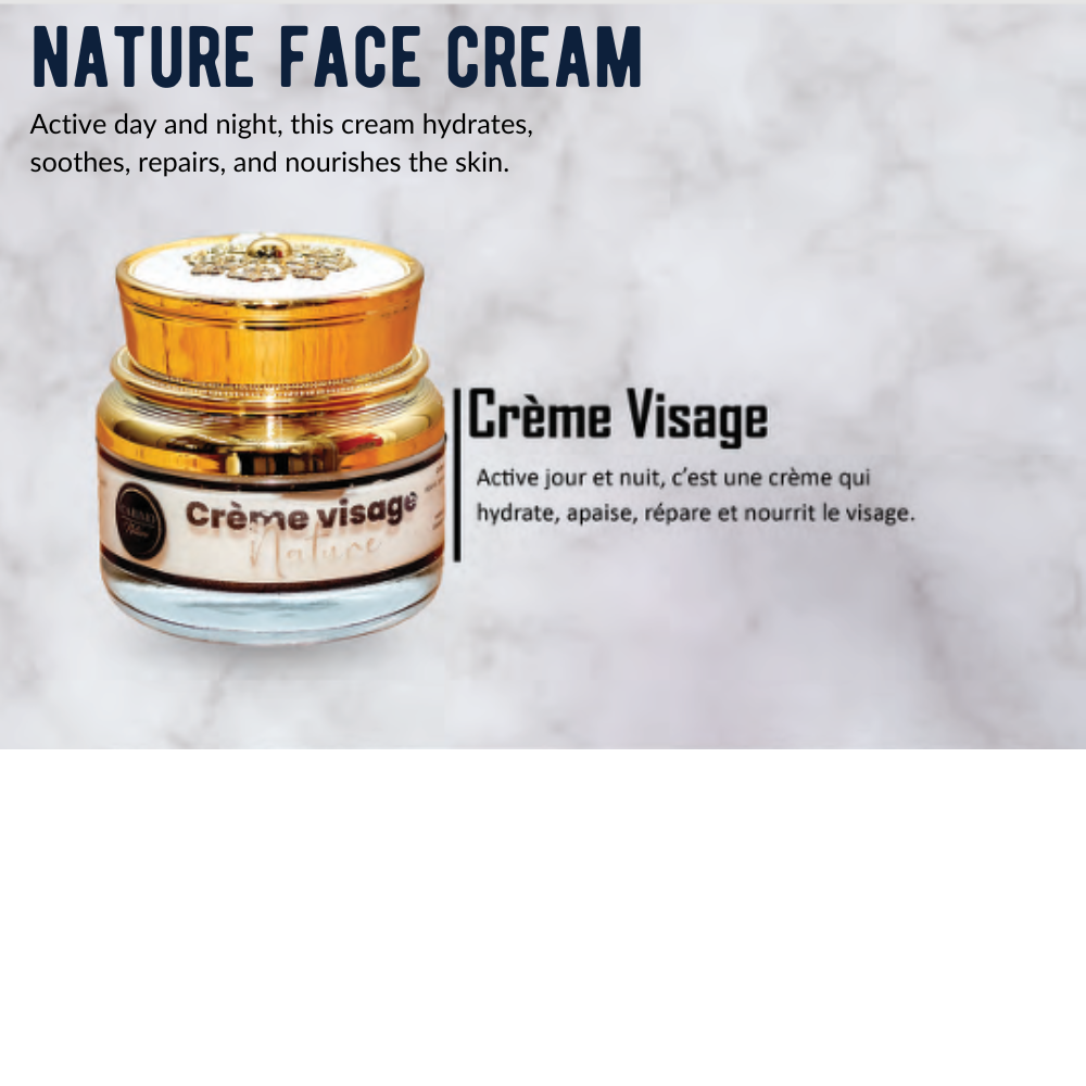 Jar of Crème Visage face cream  of Nature skin care collection set with text about skin care benefits on a textured background