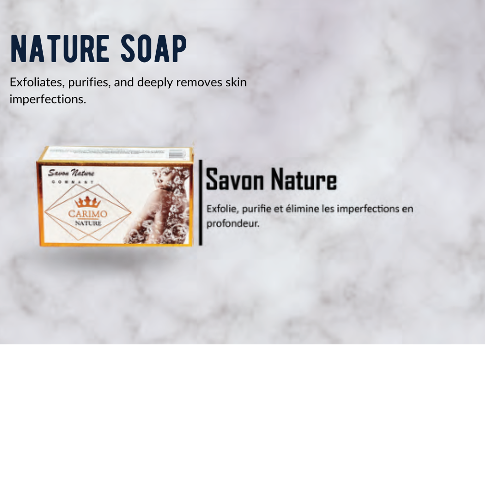 Carimo Nature soap packaging on a textured white background with text about soap benefits.