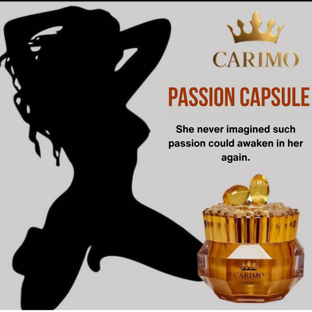 Silhouette of a woman with a CARIMO Passion Capsule product on a gray background