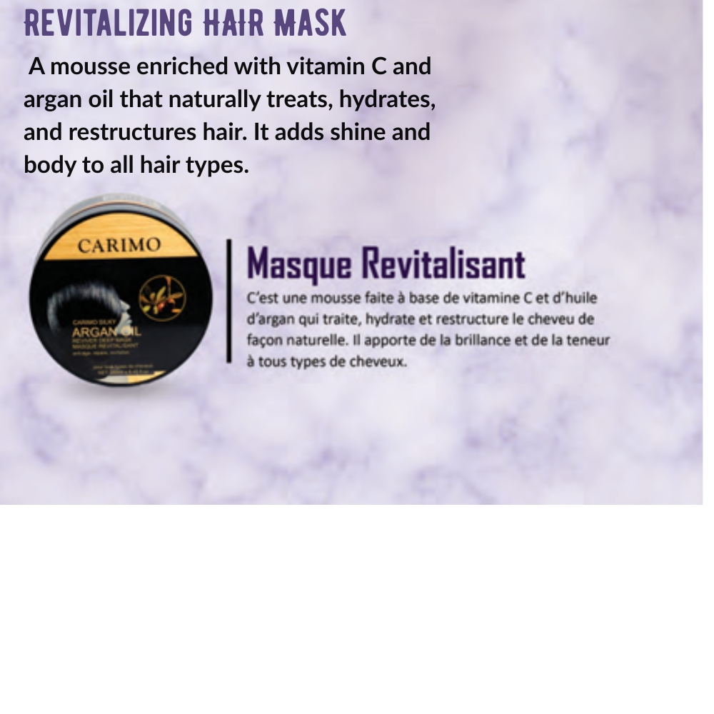 Carimo revitalizing hair mask  of  hair growth collection set packaging with product description on a purple background