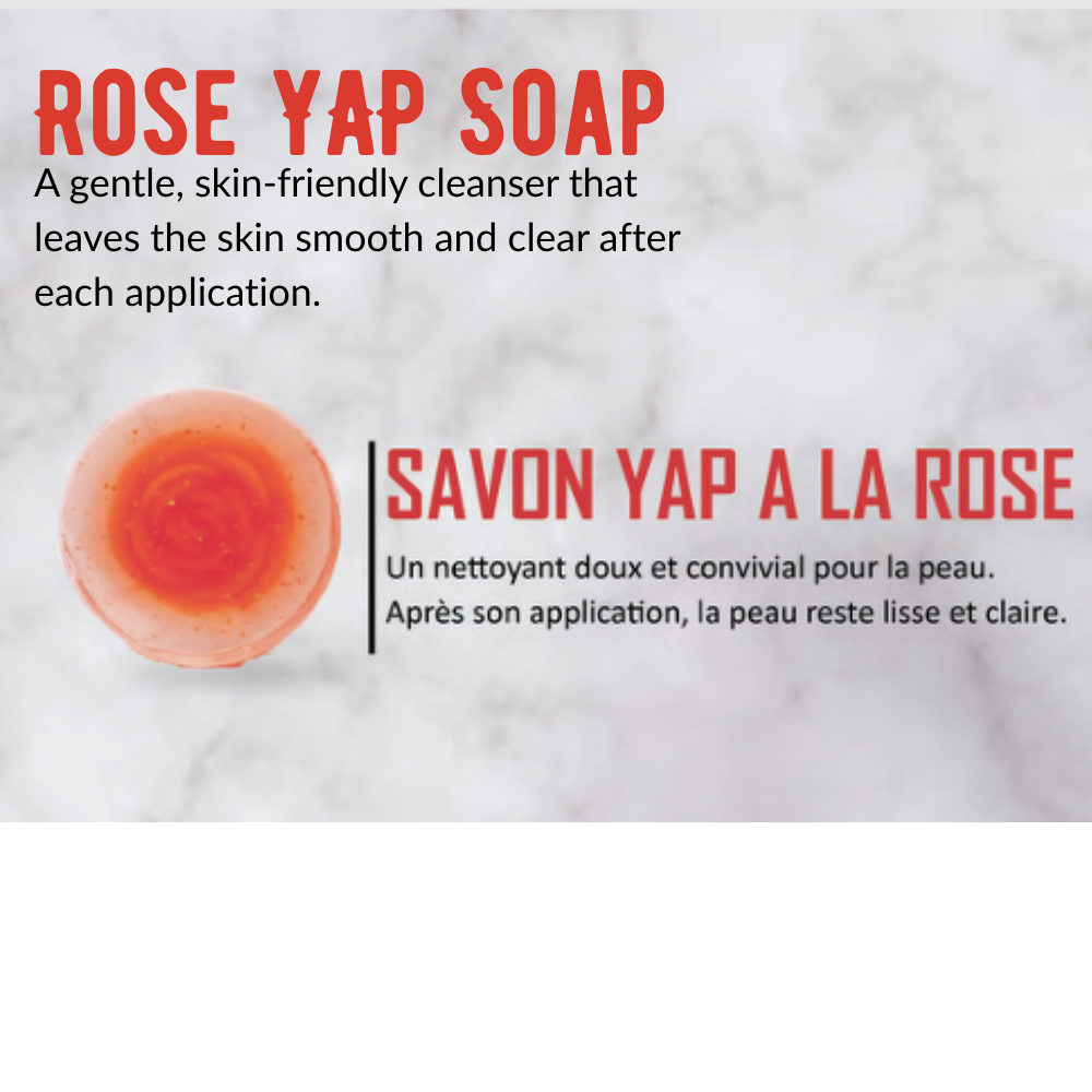 Rose Yap Soap with text describing its gentle and skin-friendly properties on a marble background.