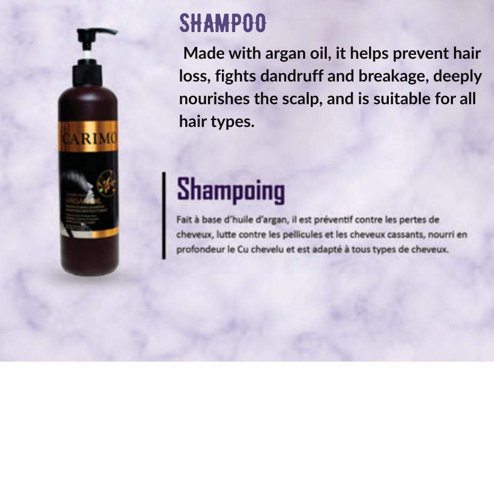 Carimo shampoo bottle of hair growth collection set with text on a purple background