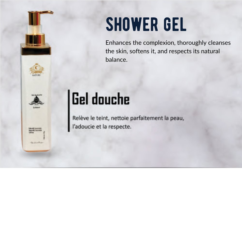 Shower gel bottle  of Eclat skin care collection set with text on a marble background