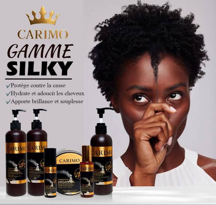 Carimo Gamme Silky hair care product line with a woman in the background
