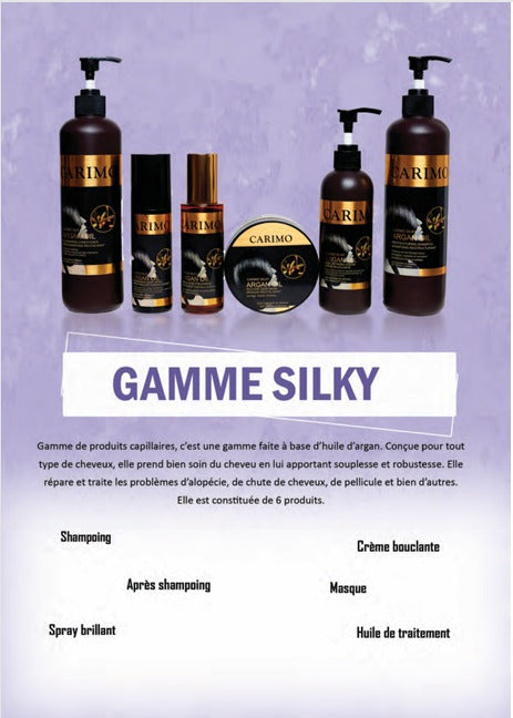 Carimo Silky hair care product line with bottles and a jar on a purple background, featuring the 'Gamme Silky' range. 
